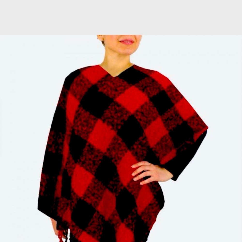 New Poncho Cozy Buffalo Plaid Poncho with Fringe Tassels,  Oversized Woven Knit